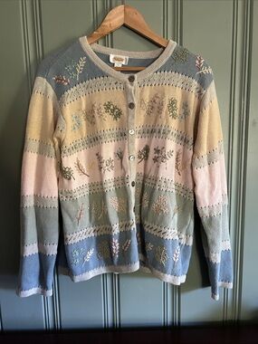 Talbots Pastel Striped Floral Embroidered Cardigan Sweater - Women